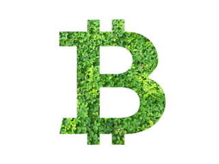 BITCOIN icon made from green grass or leaves isolated on transparent background, go green concept, PNG