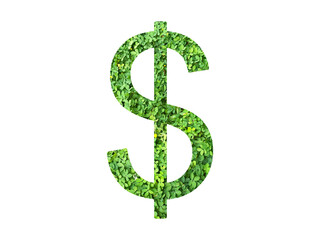 DOLLAR icon made from green grass or leaves isolated on transparent background, go green concept, PNG