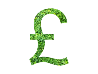POUND STERLING icon made from green grass or leaves isolated on transparent background, go green concept, PNG