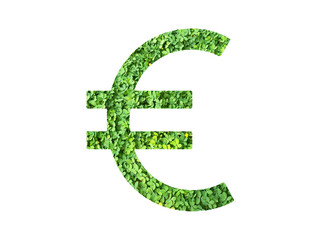 EURO icon made from green grass or leaves isolated on transparent background, go green concept, PNG