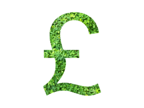POUND STERLING icon made from green grass or leaves isolated on transparent background, go green concept, PNG - Powered by Adobe