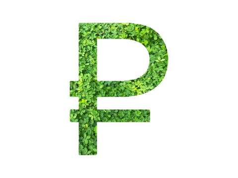 RUBLE icon made from green grass or leaves isolated on transparent background, go green concept, PNG