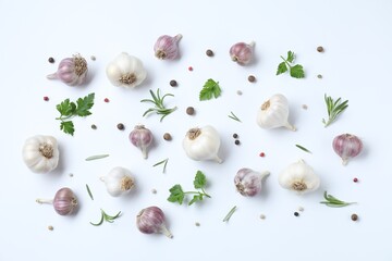 Fresh raw garlic heads and spices on white table, flat lay