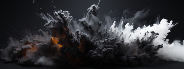 Black charcoal powder dust paint white explosion explode burst isolated splatter abstract. Powder...