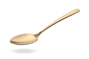 Golden spoon in air isolated on white