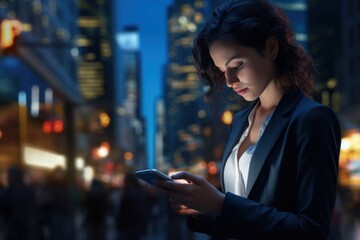 Businesswoman reading financial trading data on smartphone in downtown