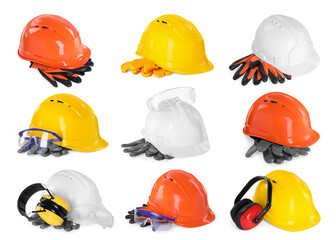 Safety equipment, collection. Hard hats, gloves, protective headphones and goggles isolated on white