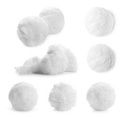 Balls of soft fluffy cotton isolated on white, set
