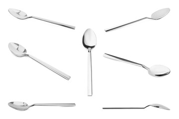Silver spoon isolated on white, different sides. Kitchen utensil