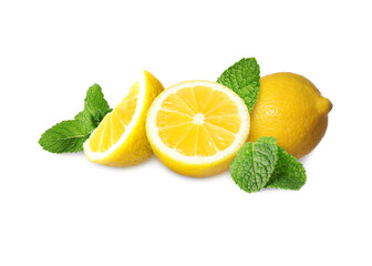 Fresh lemons and green mint isolated on white