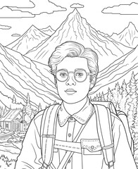 Portrait of a handsome young man with a beard in the mountains. Coloring book page for adults.