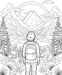 Hiking man with a backpack in the mountains. Line art vector illustration.