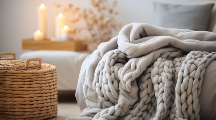 Obraz premium Thick knitted blankets are kept in the room with a basket.