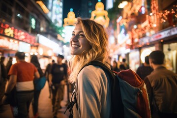 Fototapeta premium Traveler asian enjoying and walking at street city on night time.
