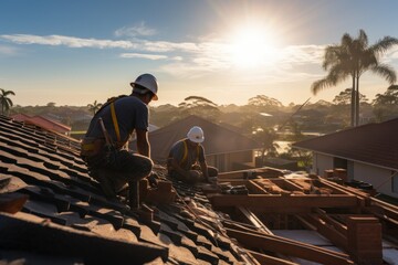 Two construction workers installing roof tiles at construction building - obrazy, fototapety, plakaty