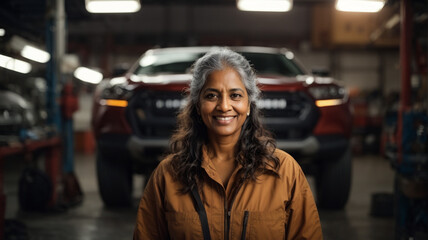 Portrait of proud car mechanic woman smiling and looking at camera. Car repair and maintenance service,Destroying gender stereotypes, gender equality at work, space for text - obrazy, fototapety, plakaty