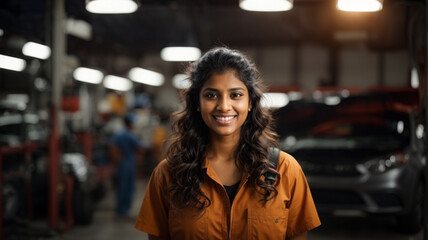 Portrait of proud car mechanic woman smiling and looking at camera. Car repair and maintenance service, Destroying gender stereotypes, gender equality at work,space for text - obrazy, fototapety, plakaty