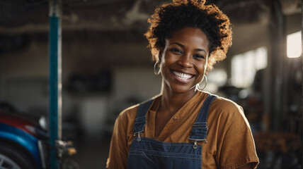 Portrait of proud car mechanic woman smiling and looking at camera. Car repair and maintenance service, Destroying gender stereotypes, gender equality at work, space for text - obrazy, fototapety, plakaty