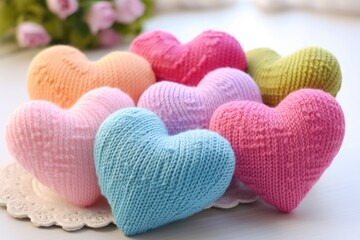 Obraz premium Colorful knitted hearts in pastel colors