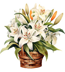 A basket of white flowers with green leaves isolated PNG