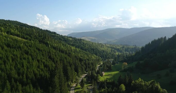 Vista Of Green Conifer Forest Mountains At Palanca In Bacau County, Western Moldavia, Romania. Aerial Drone Shot