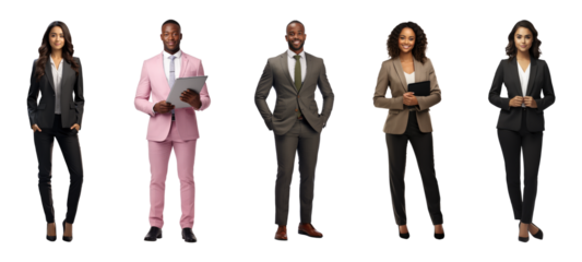 Group of business people standing using tablet computer and posing, Full body, isolated on white background, png