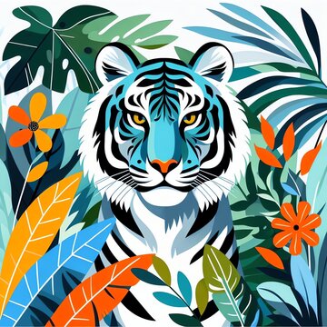Tropical Majesty: A Striped Tiger Amidst Lush Foliage.