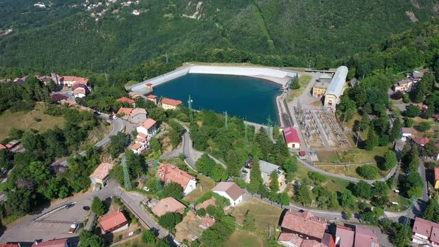 Aerial view of Ligonchio village and its lake of the hydroelectric plant. Reggio Emilia / Italy