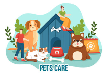 Pets Care Vector Illustration with Animal Shelter or Vet Clinic for Taking Care of Dog or Cat in Healthcare Flat Cartoon Background Design