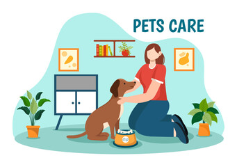 Pets Care Vector Illustration with Animal Shelter or Vet Clinic for Taking Care of Dog or Cat in Healthcare Flat Cartoon Background Design