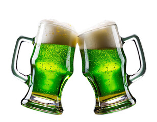 Two beer glasses with green beer toasting cheers on St. Patrick's Day isolated cutout on transparent