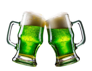 Two beer glasses with green beer toasting cheers on St. Patrick's Day isolated cutout on transparent