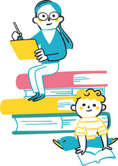 本に腰かけて勉強する子供たち　イラスト素材
