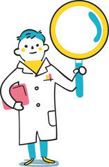 虫眼鏡を掲げる白衣を着た小学生　イラスト素材
