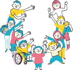 地球と年齢や人種、国籍の違う子供たち　小学生　イラスト素材	
