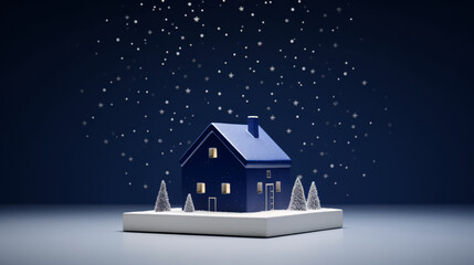 Illustration of snowy cabin scene on Christmas night, 3D Christmas Eve decoration background