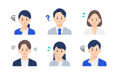 ネガティブなビジネスパーソン男女の上半身セット【人物ベクターイラスト素材】