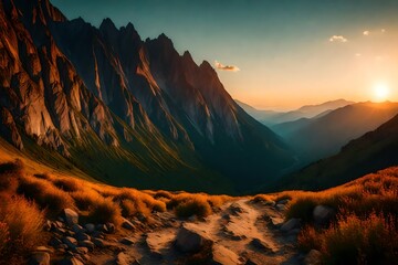Mountains during sunset. Beautiful natural landscape in the summer time  - obrazy, fototapety, plakaty
