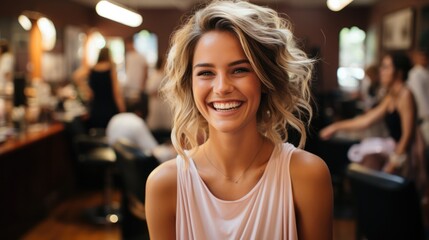 hairdresser hair of attractive woman smiling. - obrazy, fototapety, plakaty