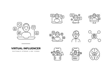 Set of Virtual Influencer Icon Packs. Simple line art and editable stroke icon packs. influencer, ai, virtual, character, avatar, icon, social, media, personality, digitalization, animation, trend