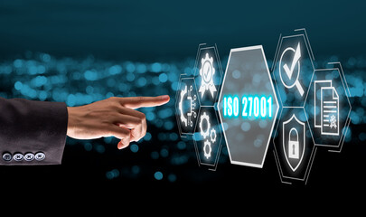ISO 27001 concept, Business woman hand touching iso 27001 icono on virtual screen, requirements, certification, management, standards. - obrazy, fototapety, plakaty