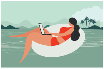 Digital nomad, travel and work, remote job, freelancers lifestyle, woman working online while travelling on beach vector illustration