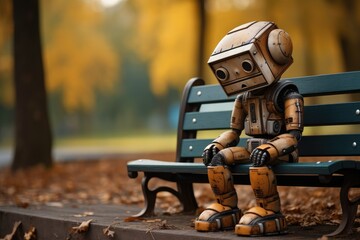 lonely sad robot sitting on bench in park against background of nature, created with generative a - obrazy, fototapety, plakaty