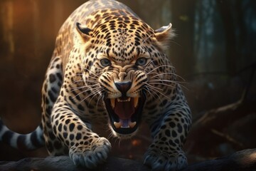 Obraz premium Close up of a roaring leopard isolated of transparent background. generative ai