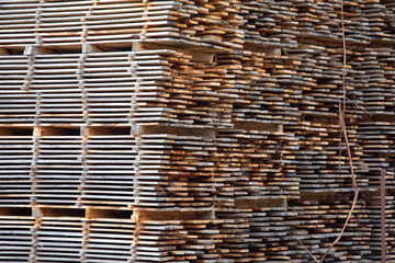 Drying stacked hardwood timber planks, Australian hardwood. Closeup.