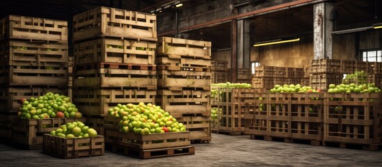 Apples and crates in the factory warehouse