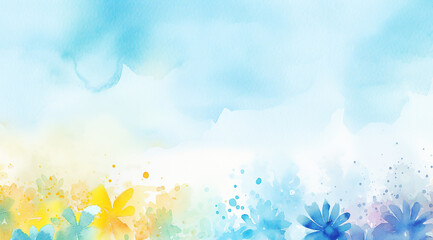 水彩画の青い空と花の風景 - obrazy, fototapety, plakaty