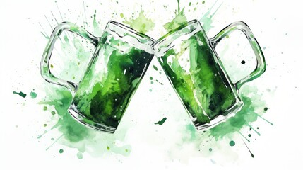 Watercolor background of green beer mugs clinking together. St. Patrick's Day illustration background. Card.