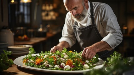 chef preparing a salad in a restaurant kitchen.