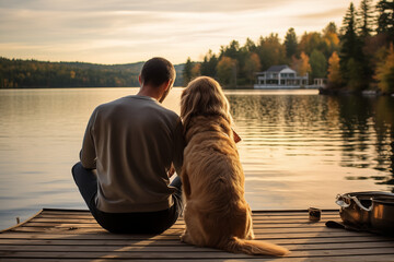 Illustrate a relaxed moment with a man, and his dog at the end of a long lake dock. Capture a...